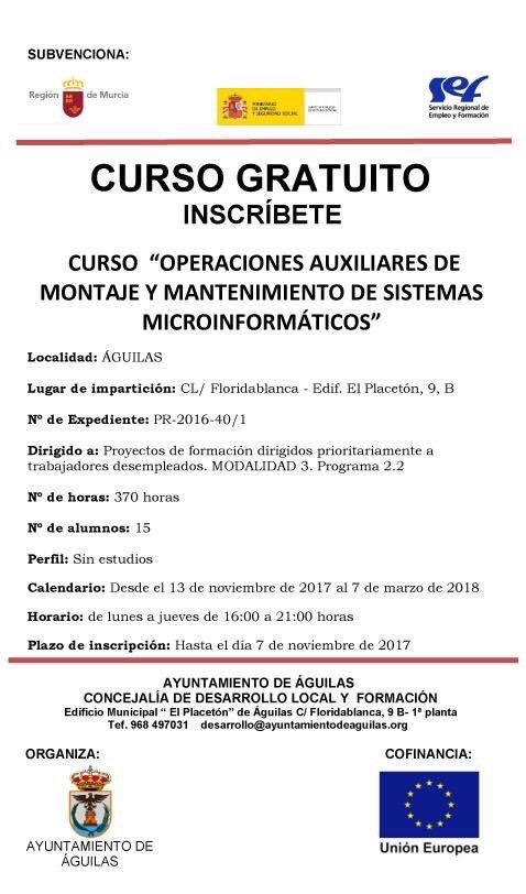 El Ayuntamiento prepara un curso gratuito de Operaciones auxiliares de montaje y mantenimiento de de sistemas microinformáticos
