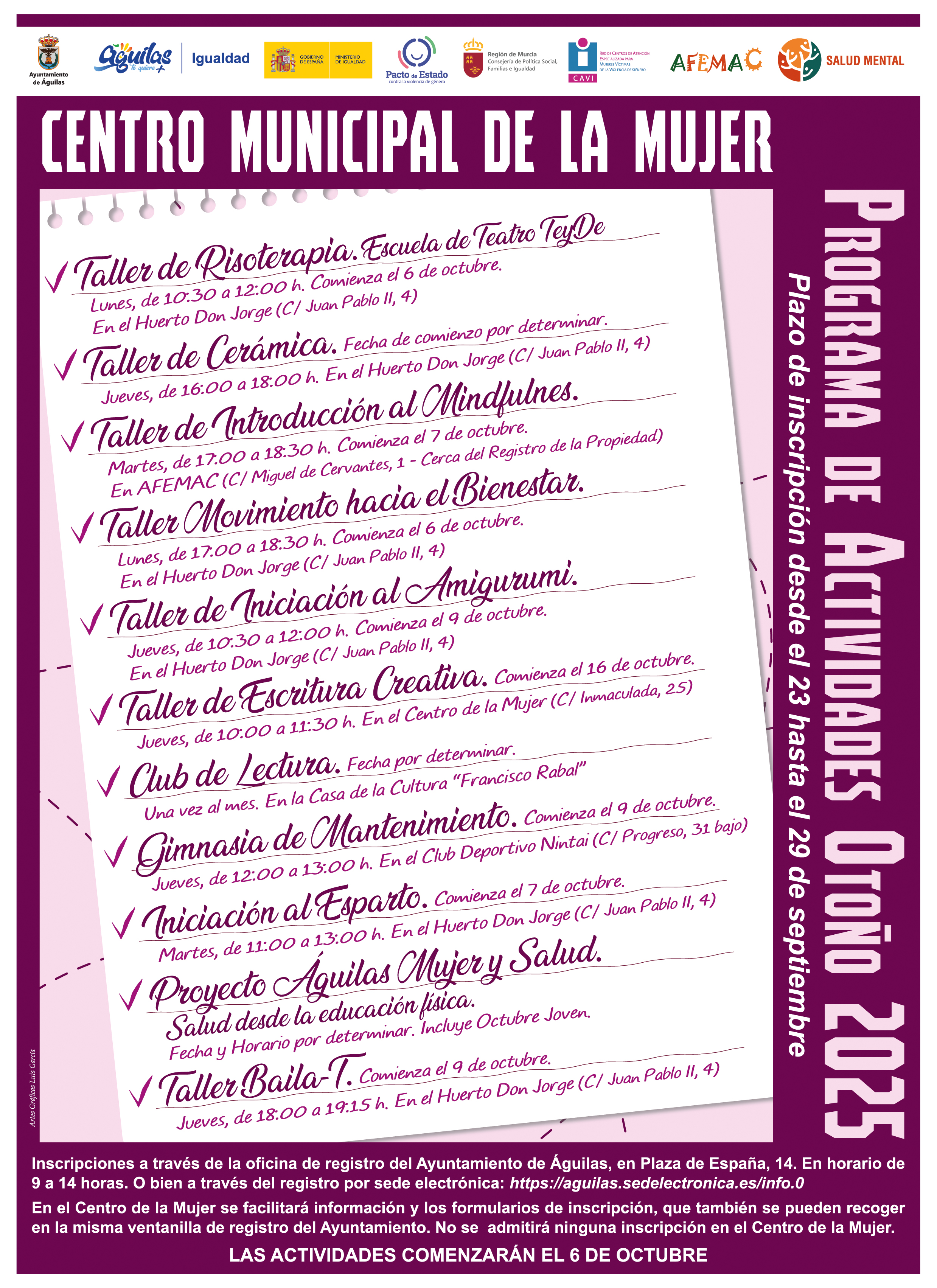 Mañana, 23 de septiembre, se abre el plazo de inscripción para los Talleres de Otoño del Centro Municipal de la Mujer