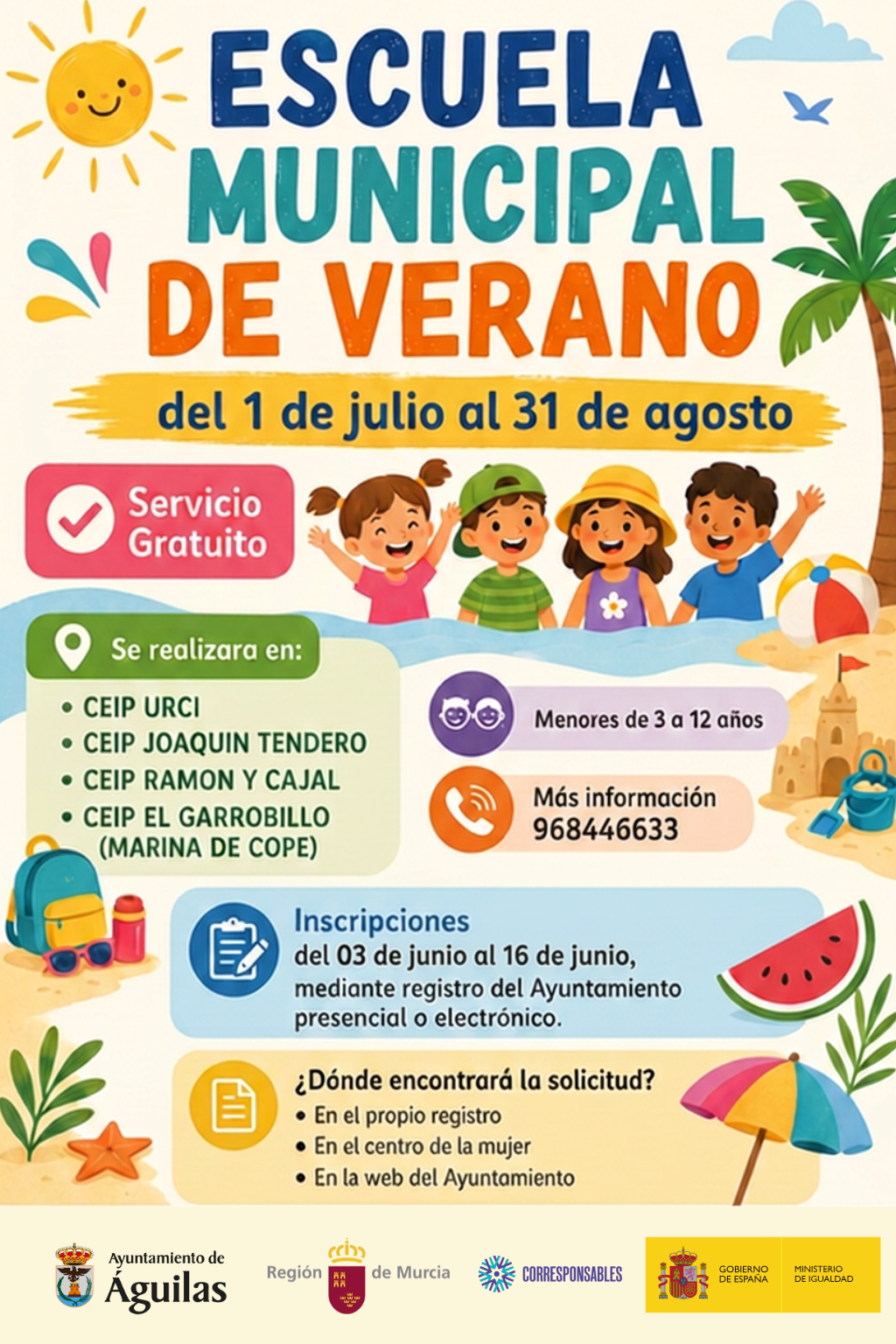 El Ayuntamiento de Águilas reafirma su compromiso con la conciliación familiar con una nueva edición gratuita de la Escuela Municipal de Verano