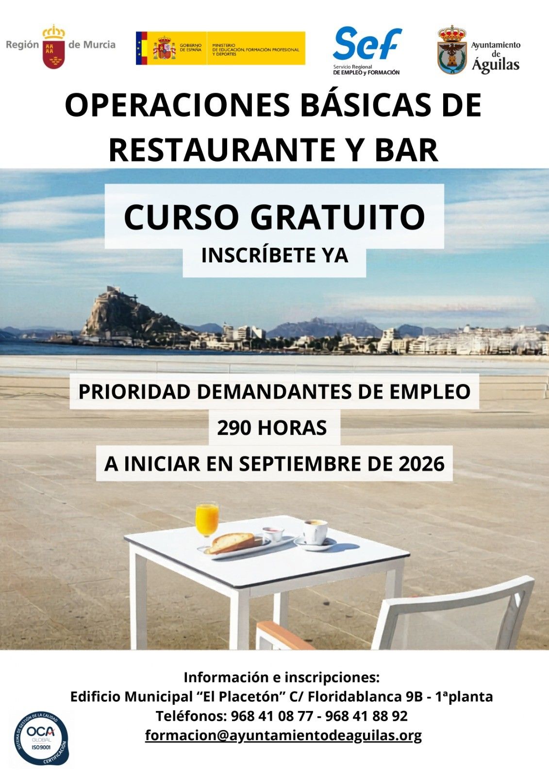 Águilas impulsa el empleo con certificados profesionales gratuitos en hostelería y atención sociosanitaria para personas desempleadas