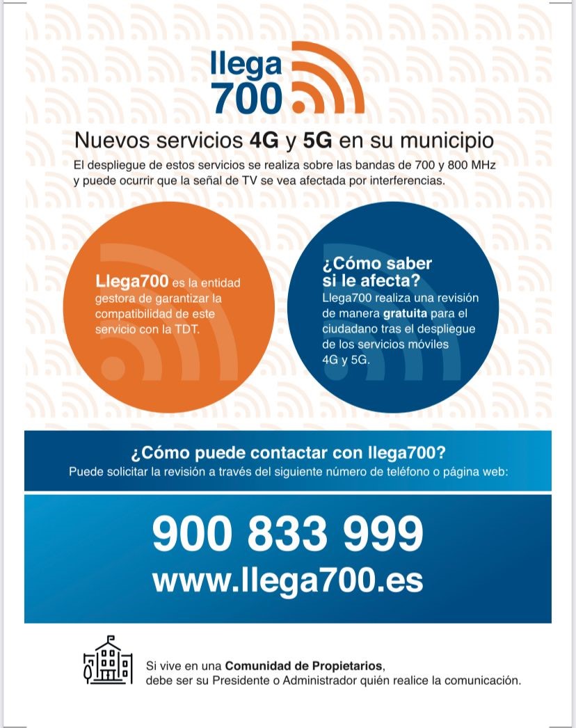 Llega 700 ofrece atención gratuita a los hogares cuya señal TDT se vea afectada por la implantación del 4G y 5G