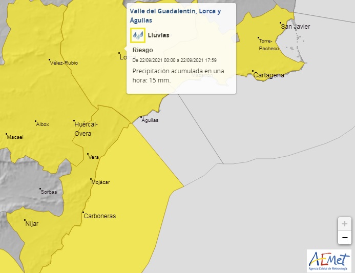 Aemet activa el aviso amarillo por lluvias en Águilas