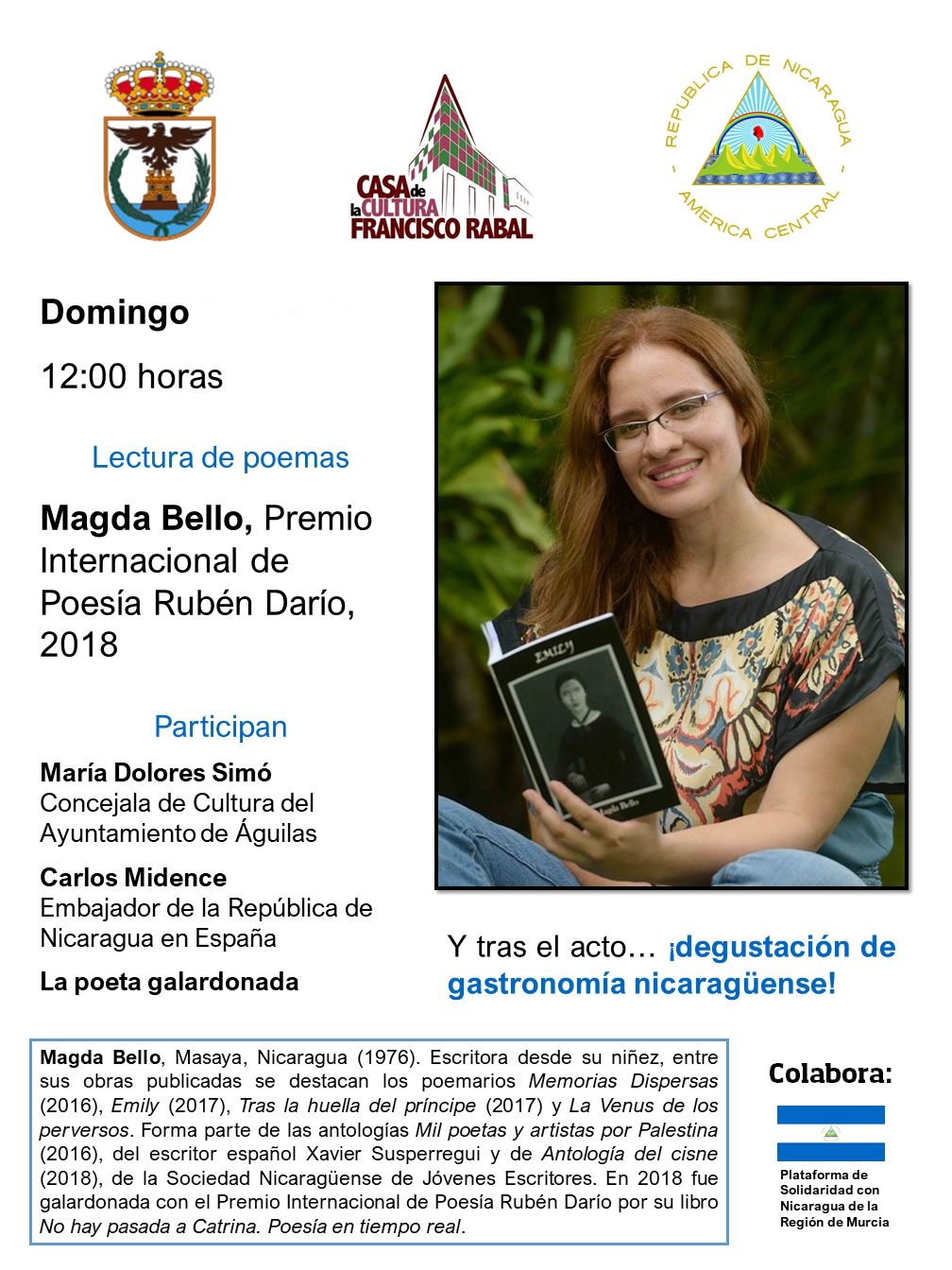 La poeta nicaragüense Magda Bello participa en un acto poético en Águilas