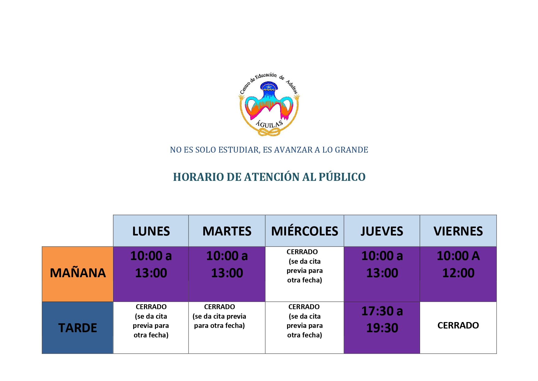 Nuevo horario de atención del Centro de Educación de Adultos