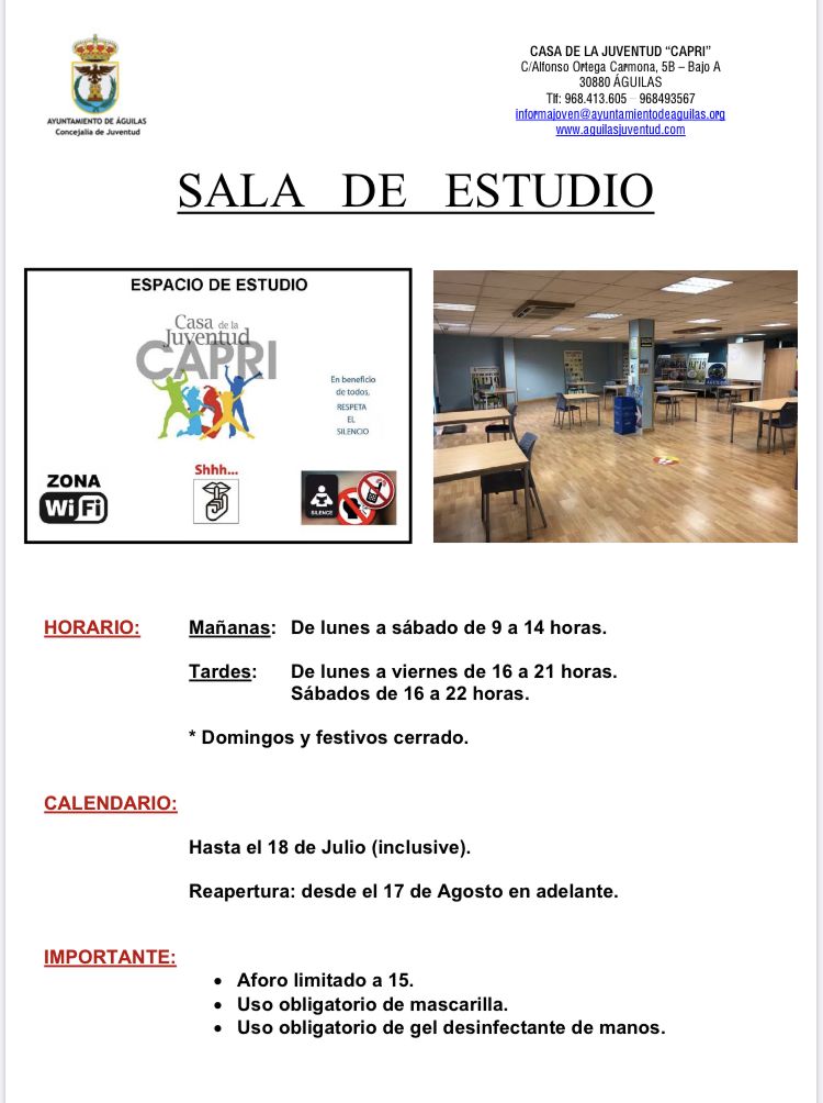 La sala de estudios de la Casa de la Juventud reabrirá mañana con una ampliación de horario