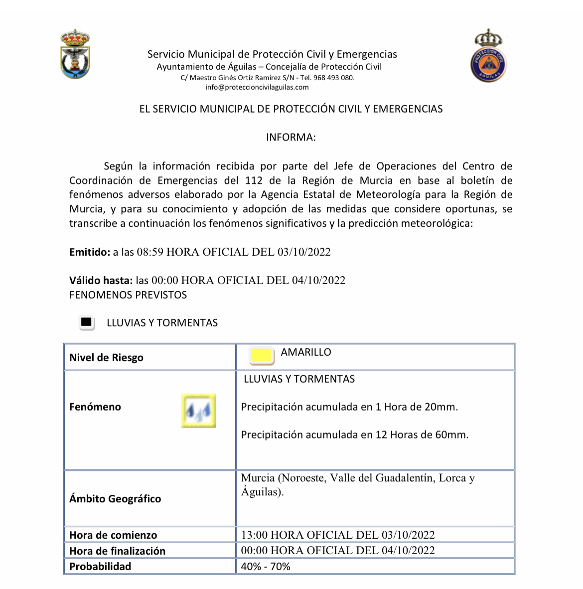 Activada alerta amarilla por lluvias y tormentas