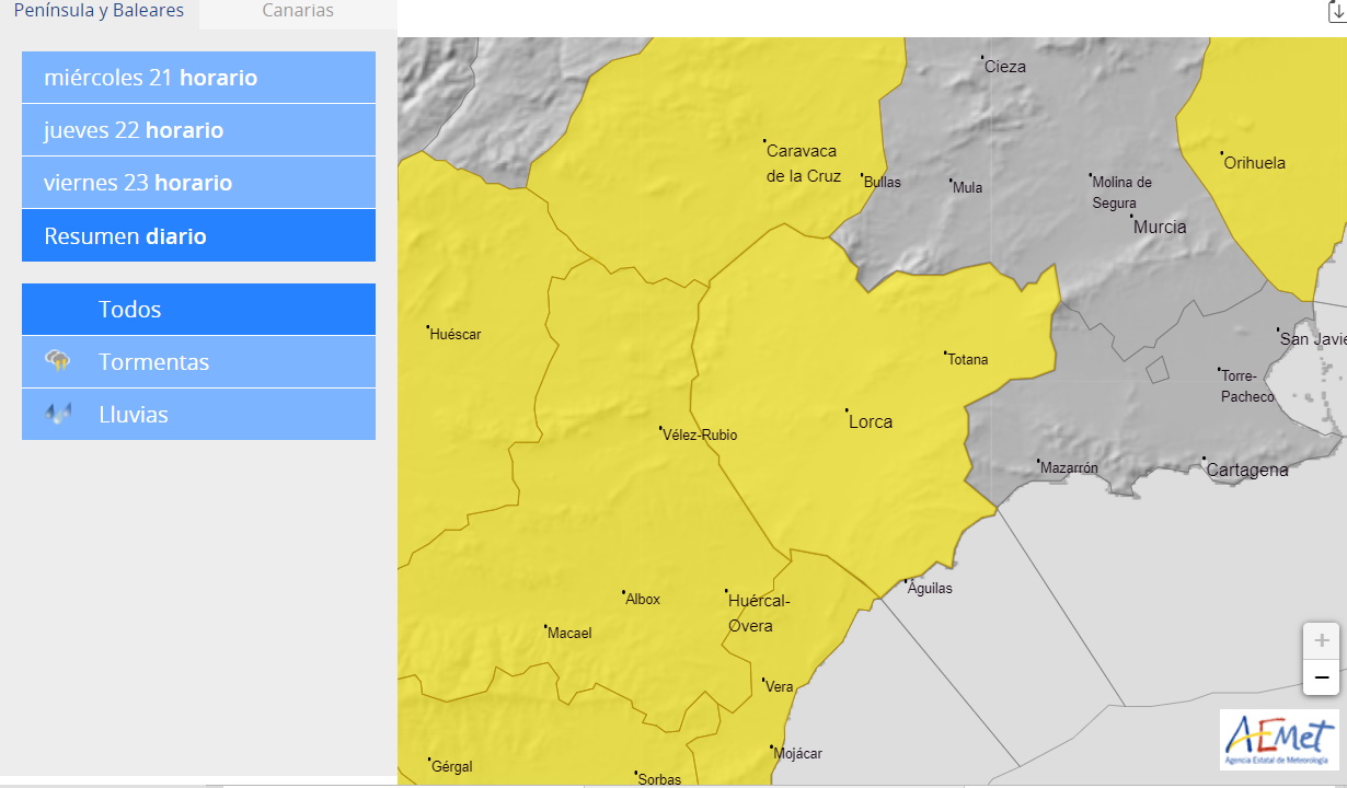 Activada la alerta amarilla por previsión de tormentas en Águilas