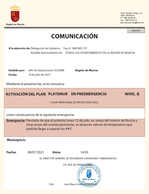 Activado el Plan PLATEMUR en preemergencias por altas temperaturas